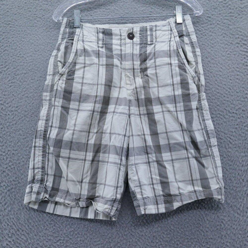 American Eagle Outfitters Mens 26 Gray White Plaid Longer Length Shorts Cotton